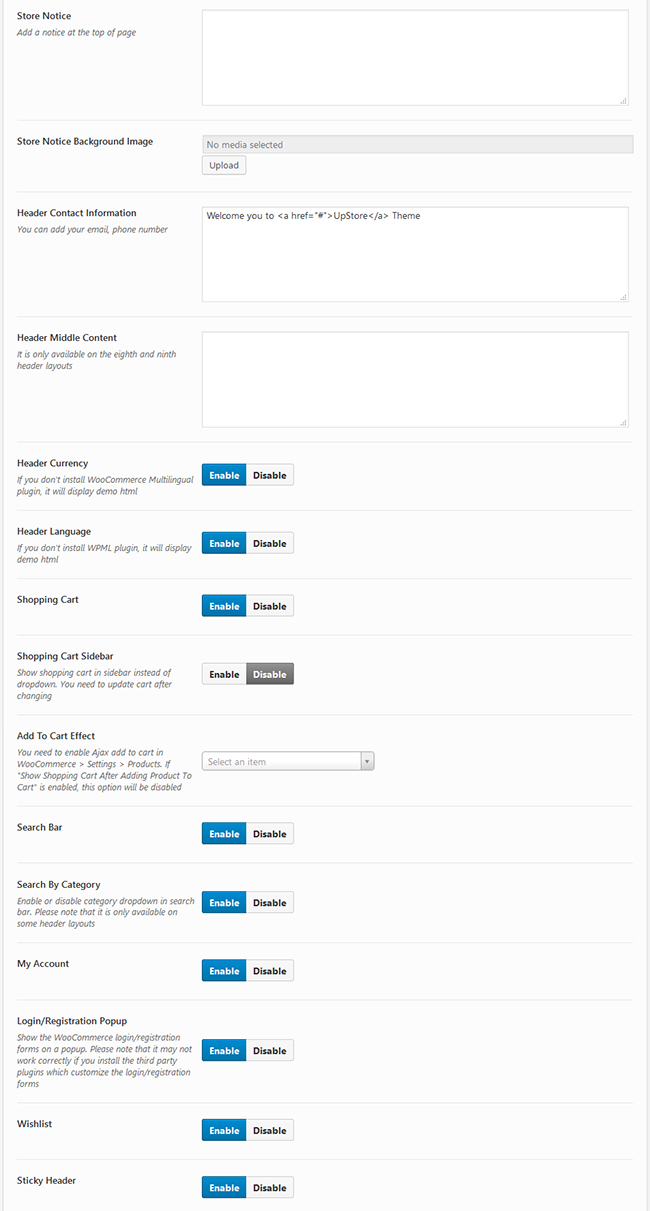 Otras Opciones del Encabezado
